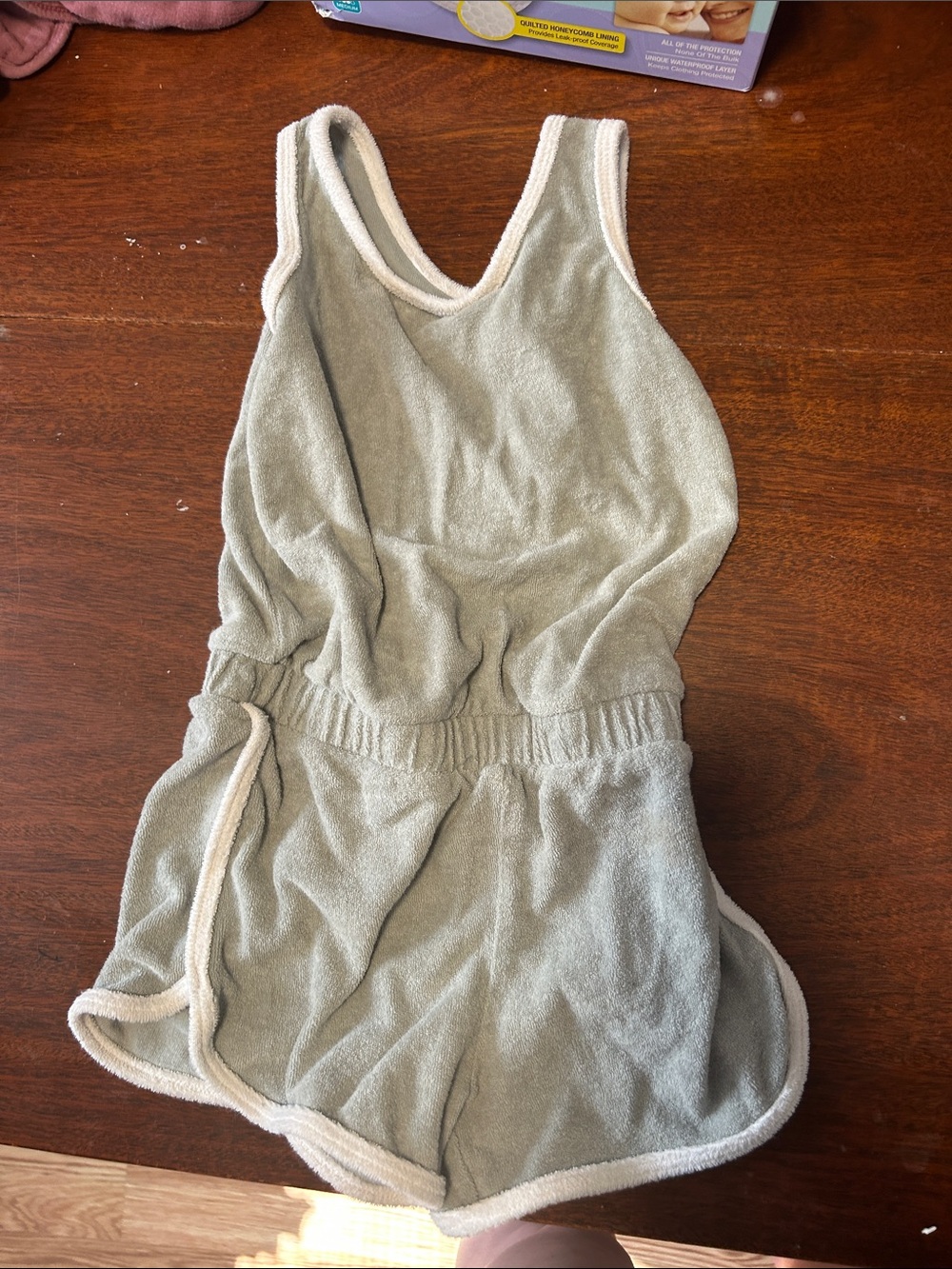 Cat & Jack Sage Green Terry One-Piece Romper with Cream Trim